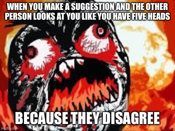 I’d understand if you were confused but cmon just say you disagree no need to be rude about it | WHEN YOU MAKE A SUGGESTION AND THE OTHER PERSON LOOKS AT YOU LIKE YOU HAVE FIVE HEADS; BECAUSE THEY DISAGREE | image tagged in rage quit | made w/ Imgflip meme maker