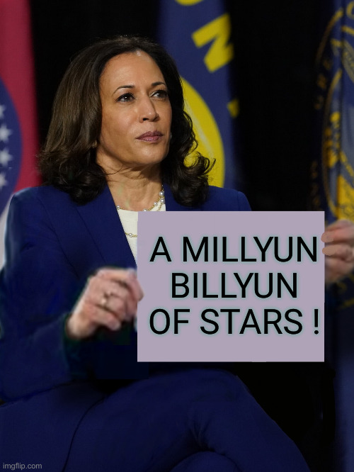 One Lass Chance To Bullsh*t | A MILLYUN BILLYUN OF STARS ! | image tagged in kamala harris holding sign,political meme,politics | made w/ Imgflip meme maker