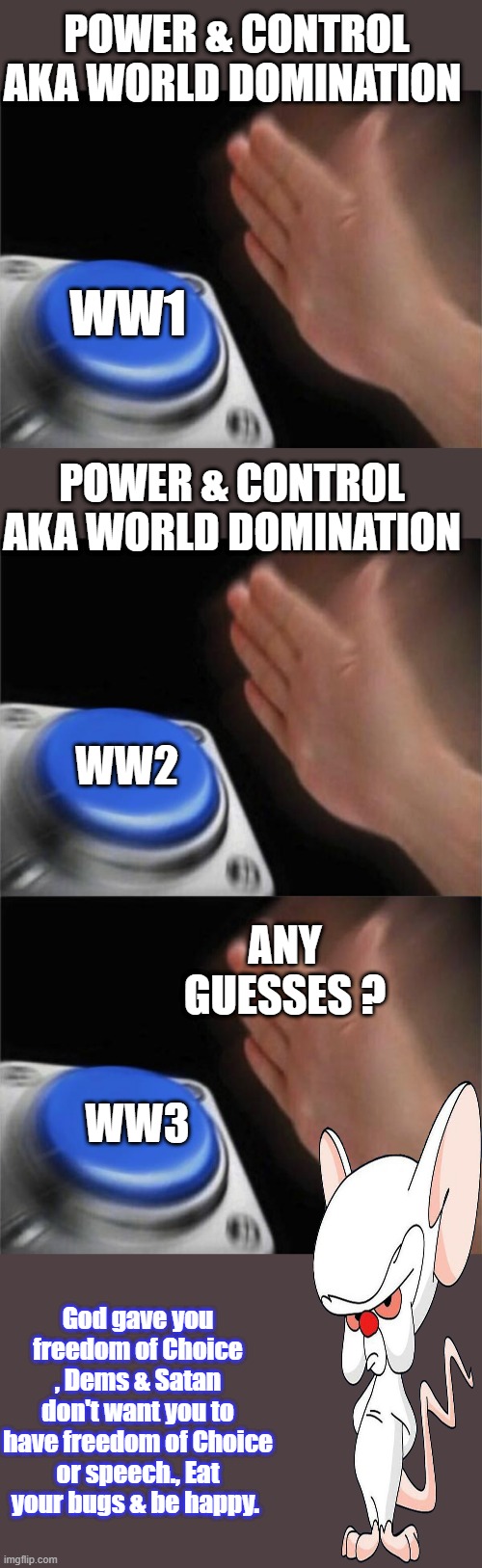 DAM hippies done gone craaaaazzy | POWER & CONTROL AKA WORLD DOMINATION; WW1; POWER & CONTROL  AKA WORLD DOMINATION; WW2; ANY GUESSES ? WW3; God gave you freedom of Choice , Dems & Satan don't want you to have freedom of Choice or speech., Eat your bugs & be happy. | image tagged in memes,blank nut button | made w/ Imgflip meme maker