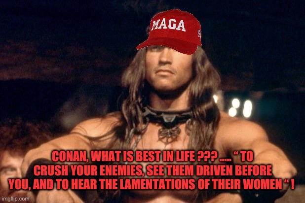 Trump victory ! | CONAN, WHAT IS BEST IN LIFE ??? ….. “ TO CRUSH YOUR ENEMIES, SEE THEM DRIVEN BEFORE YOU, AND TO HEAR THE LAMENTATIONS OF THEIR WOMEN “ ! | image tagged in donald trump,trump,kamala harris,politics,political meme | made w/ Imgflip meme maker