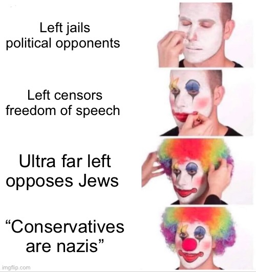 Clown Applying Makeup | Left jails political opponents; Left censors freedom of speech; Ultra far left opposes Jews; “Conservatives are nazis” | image tagged in memes,clown applying makeup | made w/ Imgflip meme maker