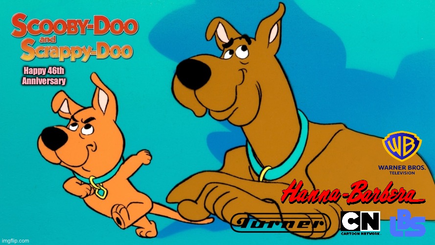 Happy 46th Anniversary to Scooby and Scrappy Doo | Happy 46th Anniversary | image tagged in scooby doo,warner bros,cartoon network,80s,warner bros discovery,nostalgia | made w/ Imgflip meme maker