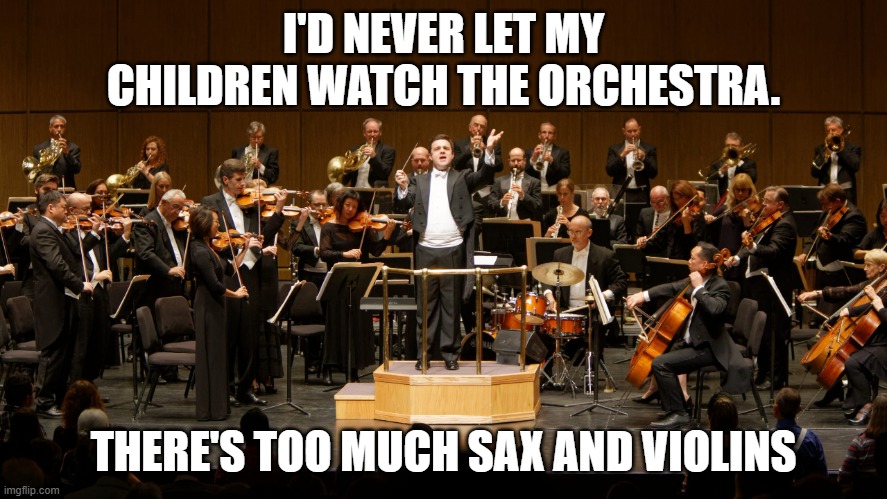 Daily Bad Dad Joke 11/06/2024 | I'D NEVER LET MY CHILDREN WATCH THE ORCHESTRA. THERE'S TOO MUCH SAX AND VIOLINS | image tagged in orchestra | made w/ Imgflip meme maker