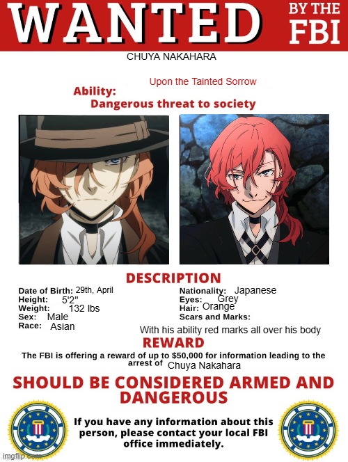 Chuya Nakahara | CHUYA NAKAHARA; Upon the Tainted Sorrow; Japanese; 29th, April; Grey; 5'2"; Orange; 132 lbs; Male; With his ability red marks all over his body; Asian; Chuya Nakahara | image tagged in fbi wanted posted free to use | made w/ Imgflip meme maker