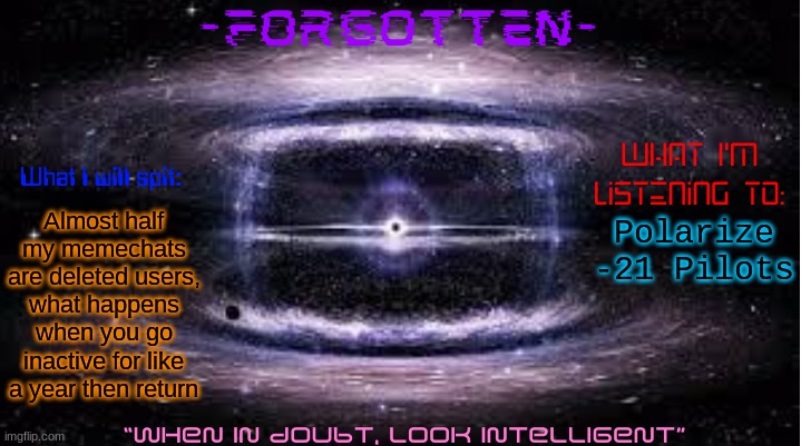 Forgotten announcement template | Almost half my memechats are deleted users, what happens when you go inactive for like a year then return; Polarize -21 Pilots | image tagged in forgotten announcement template | made w/ Imgflip meme maker