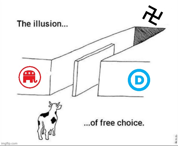 both parties are just the same, fascistic party. | image tagged in illusion of free choice | made w/ Imgflip meme maker