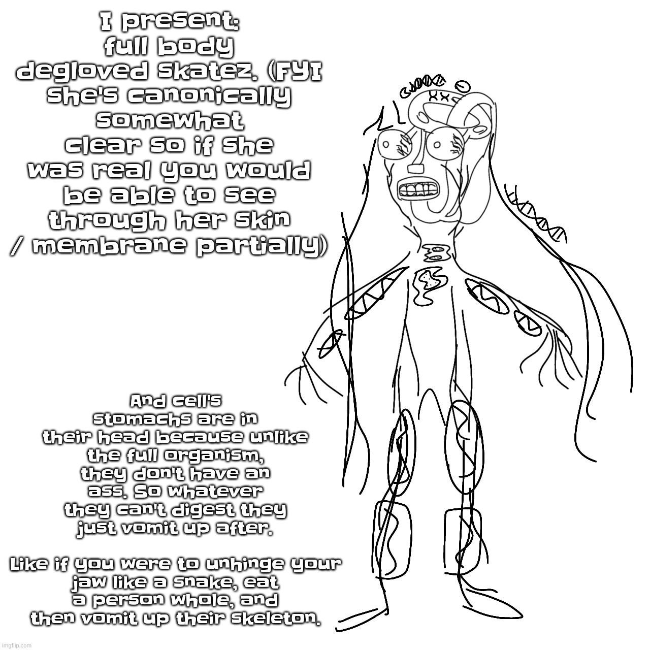 You're welcome! | And cell's stomachs are in their head because unlike the full organism, they don't have an ass. So whatever they can't digest they just vomit up after.
​
Like if you were to unhinge your jaw like a snake, eat a person whole, and then vomit up their skeleton. I present: full body degloved skatez. (FYI she's canonically somewhat clear so if she was real you would be able to see through her skin / membrane partially) | made w/ Imgflip meme maker