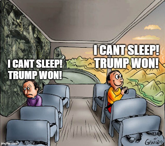 A new day for America | I CANT SLEEP! TRUMP WON! I CANT SLEEP! TRUMP WON! | image tagged in two guys on a bus | made w/ Imgflip meme maker