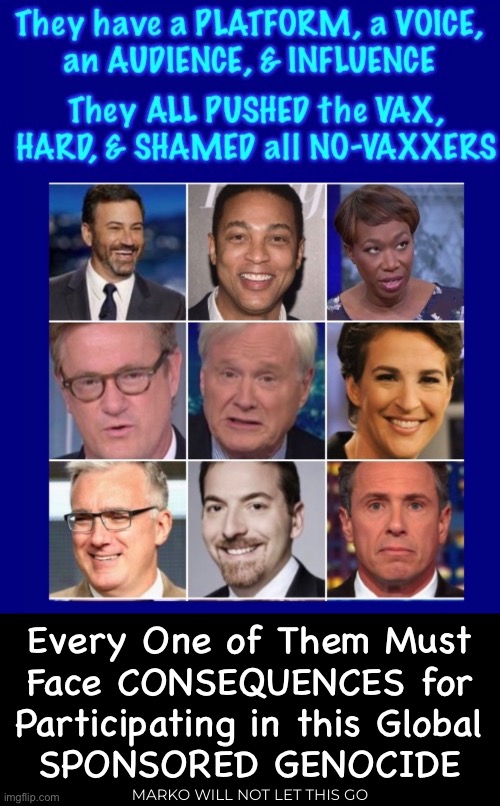 2025 — Right the Wrongs | Every One of Them Must
Face CONSEQUENCES for
Participating in this Global
SPONSORED GENOCIDE; MARKO WILL NOT LET THIS GO | image tagged in memes,murder charges,accessories to murder,why is it always the lefties,death cult demons,fkh voters gotohell | made w/ Imgflip meme maker