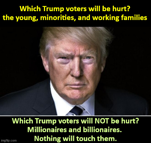 Mein Trump | Which Trump voters will be hurt?
the young, minorities, and working families; Which Trump voters will NOT be hurt?
Millionaires and billionaires. 
Nothing will touch them. | image tagged in mean trump,trump,hurt,working class,tax cuts for the rich | made w/ Imgflip meme maker