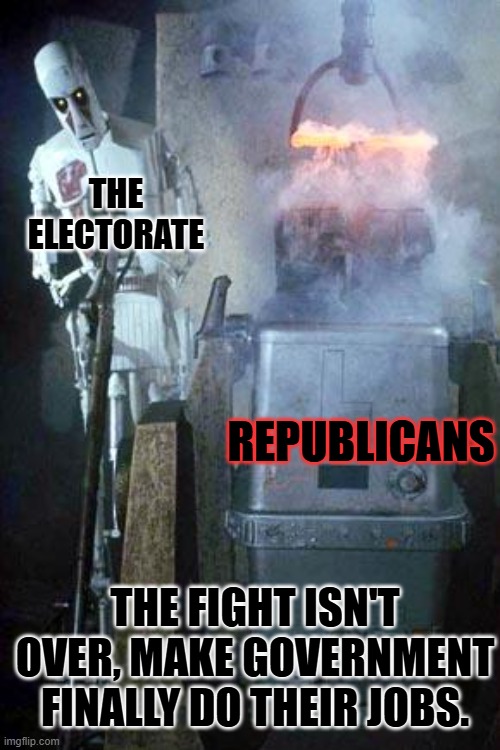 Hold the victor's feet to he fire. | THE ELECTORATE; REPUBLICANS; THE FIGHT ISN'T OVER, MAKE GOVERNMENT FINALLY DO THEIR JOBS. | image tagged in star wars droid torture | made w/ Imgflip meme maker