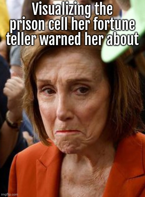 Pelosi future | Visualizing the prison cell her fortune teller warned her about | image tagged in pelosi,puss face,evil one | made w/ Imgflip meme maker