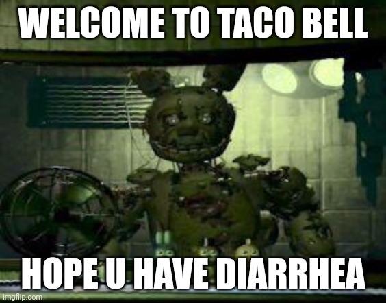 Tacobellosis | WELCOME TO TACO BELL; HOPE U HAVE DIARRHEA | image tagged in fnaf springtrap in window | made w/ Imgflip meme maker