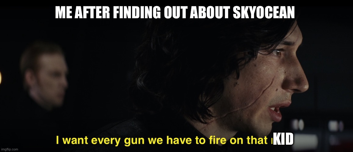 I want every gun we have to fire at that man | ME AFTER FINDING OUT ABOUT SKYOCEAN; KID | image tagged in i want every gun we have to fire at that man | made w/ Imgflip meme maker