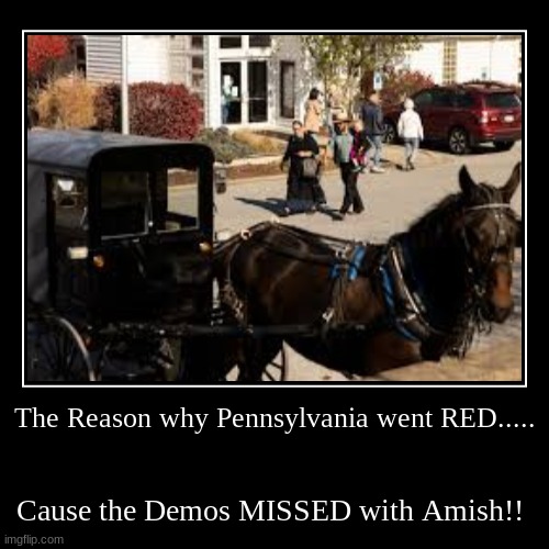 No wonder Pennsylvania went RED!! | The Reason why Pennsylvania went RED..... | Cause the Demos MISSED with Amish!! | image tagged in funny,demotivationals,amish,red wave | made w/ Imgflip demotivational maker