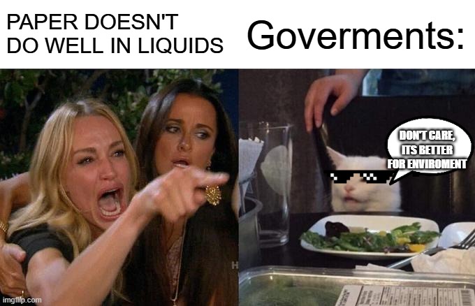 Goverments | PAPER DOESN'T DO WELL IN LIQUIDS; Goverments:; DON'T CARE, ITS BETTER FOR ENVIROMENT | image tagged in memes,woman yelling at cat | made w/ Imgflip meme maker