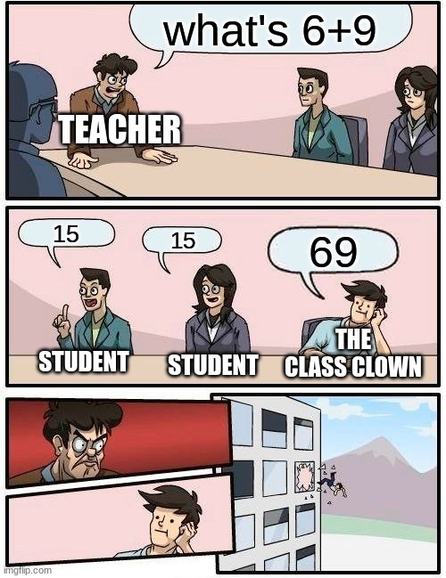 Boardroom Meeting Suggestion | what's 6+9; TEACHER; 15; 15; 69; STUDENT; STUDENT; THE CLASS CLOWN | image tagged in memes,boardroom meeting suggestion | made w/ Imgflip meme maker