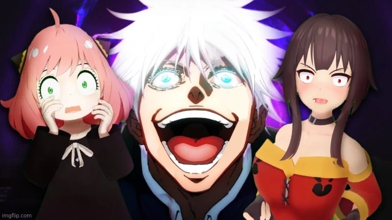 What is Gojo doing with Anya and Megumin? | image tagged in cursed image,jujutsu kaisen,konosuba,spy x family,anime,funny | made w/ Imgflip meme maker