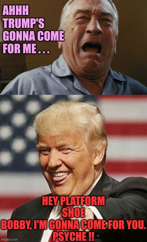 The delusion of the Hollywoodies | AHHH TRUMP'S GONNA COME FOR ME . . . HEY PLATFORM SHOE BOBBY, I'M GONNA COME FOR YOU.

PSYCHE !! | image tagged in deniro crying,trump laughing | made w/ Imgflip meme maker