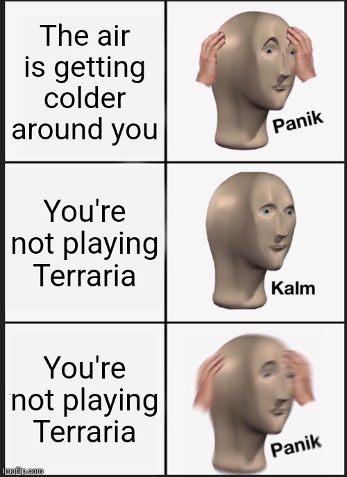 Panik Kalm Panik | The air is getting colder around you; You're not playing Terraria; You're not playing Terraria | image tagged in memes,panik kalm panik | made w/ Imgflip meme maker