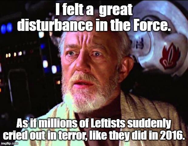 I'm a "copy cat."  I just changed the words to this one a little. | I felt a  great disturbance in the Force. As if millions of Leftists suddenly cried out in terror, like they did in 2016. | image tagged in obi wan kenobi,star wars,leftists | made w/ Imgflip meme maker