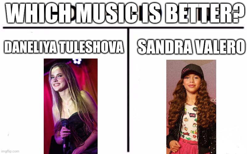 Based on a meme made by TheeliteMerkavatanker | WHICH MUSIC IS BETTER? SANDRA VALERO; DANELIYA TULESHOVA | image tagged in memes,who would win,daneliya tuleshova sucks,sandra valero,eurovision,jesc | made w/ Imgflip meme maker