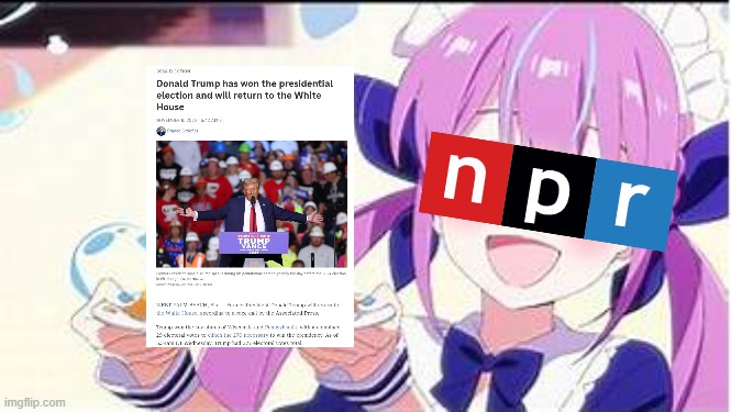 Donald Trump has won the presidential election and will return to the White House (NPR, 6/11/2024) | image tagged in minato aqua holding a plate,donald trump,all i do is win,usa,us election 2024 results | made w/ Imgflip meme maker