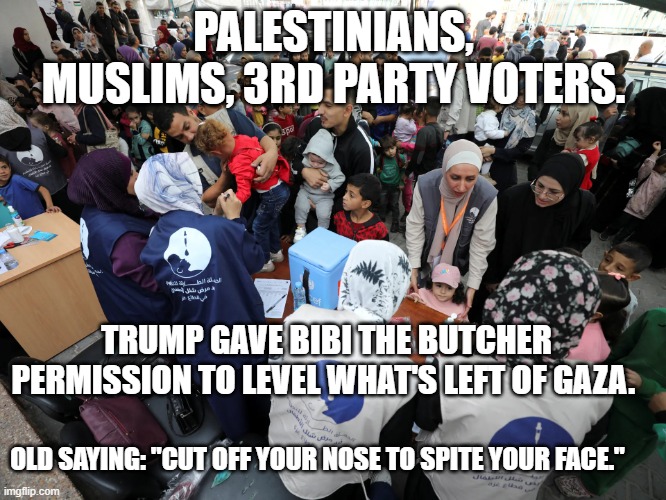 Palestinians Netanyahu | PALESTINIANS, MUSLIMS, 3RD PARTY VOTERS. TRUMP GAVE BIBI THE BUTCHER PERMISSION TO LEVEL WHAT'S LEFT OF GAZA. OLD SAYING: "CUT OFF YOUR NOSE TO SPITE YOUR FACE." | image tagged in palestine,mar-a-lago,donald trump,netanyahu,israel | made w/ Imgflip meme maker