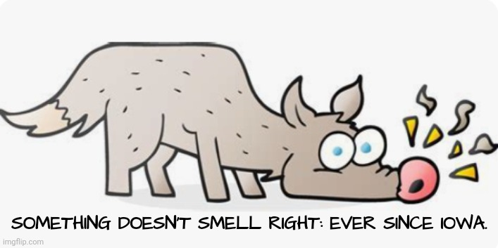 Iowa 180? | SOMETHING DOESN'T SMELL RIGHT: EVER SINCE IOWA. | image tagged in iowa,dnc,msnbc,voting | made w/ Imgflip meme maker