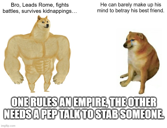 Julius Casar Shakespeare meme dia | Bro, Leads Rome, fights battles, survives kidnappings…; He can barely make up his mind to betray his best friend. ONE RULES AN EMPIRE, THE OTHER NEEDS A PEP TALK TO STAB SOMEONE. | image tagged in memes,buff doge vs cheems | made w/ Imgflip meme maker