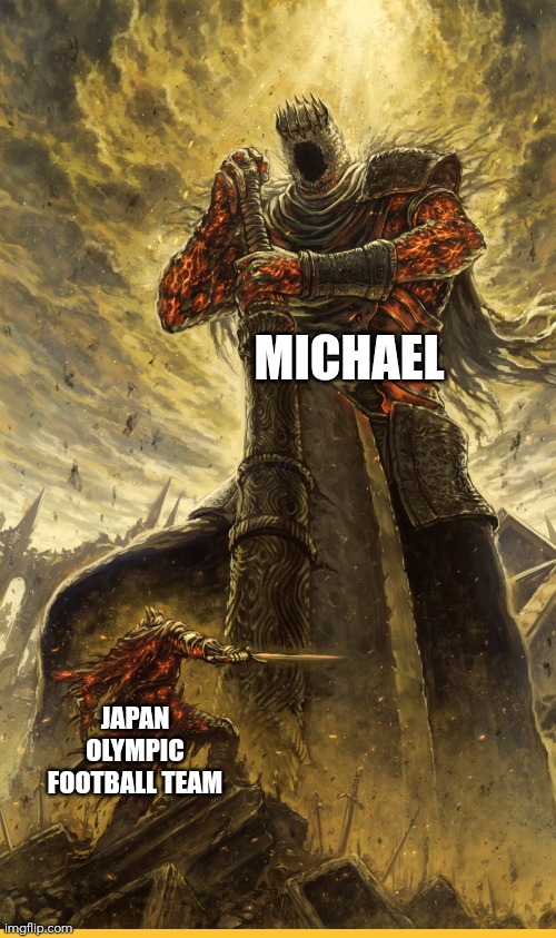 Japan vs Spain Olympic football semifinal in Captain Tsubasa in a nutshell | MICHAEL; JAPAN OLYMPIC FOOTBALL TEAM | image tagged in fantasy painting | made w/ Imgflip meme maker