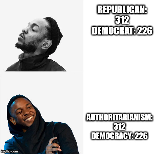 how i view the election results | REPUBLICAN: 312
DEMOCRAT: 226; AUTHORITARIANISM: 312
DEMOCRACY: 226 | image tagged in lamar yes no | made w/ Imgflip meme maker