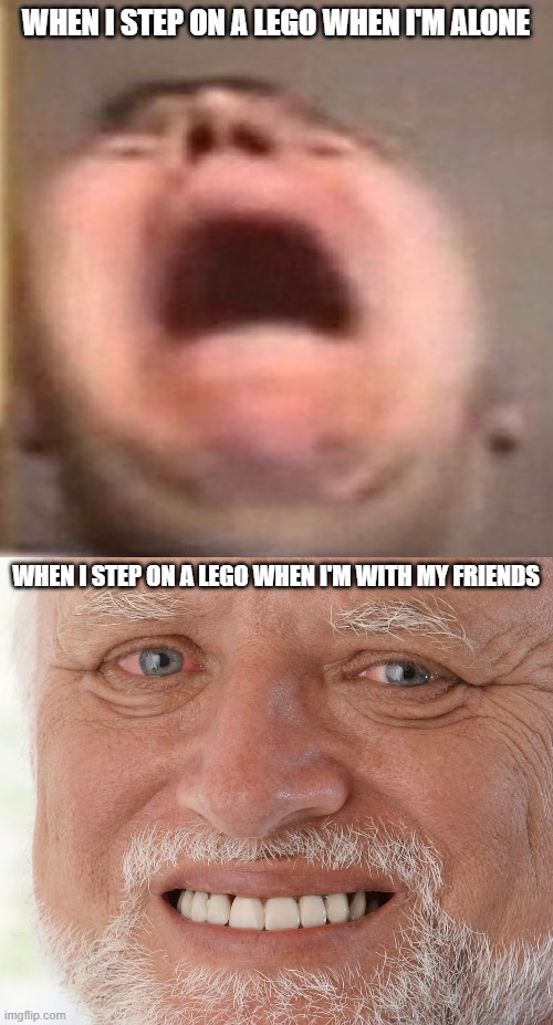 lego pain | WHEN I STEP ON A LEGO WHEN I'M ALONE; WHEN I STEP ON A LEGO WHEN I'M WITH MY FRIENDS | image tagged in funny memes,relatable memes,stepping on a lego | made w/ Imgflip meme maker