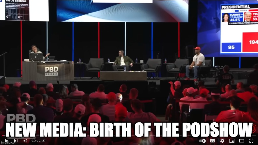 The PODSHOW is Born | NEW MEDIA: BIRTH OF THE PODSHOW | image tagged in podcast,speaker,event | made w/ Imgflip meme maker