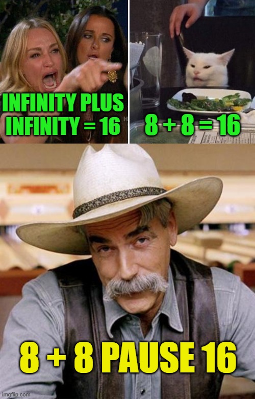 INFINITY PLUS INFINITY = 16 8 + 8 = 16 8 + 8 PAUSE 16 | image tagged in angry lady cat,sarcasm cowboy | made w/ Imgflip meme maker