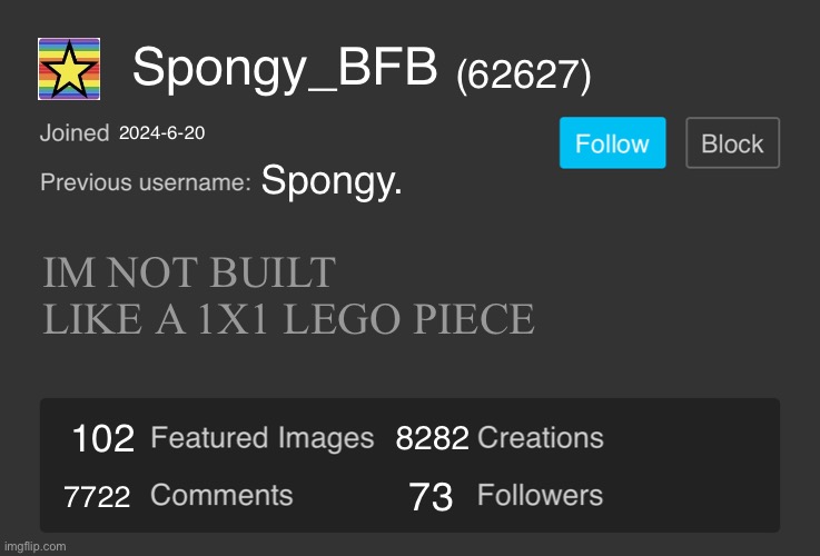 Blank Imgflip Profile V2 | Spongy_BFB; (62627); 2024-6-20; Spongy. IM NOT BUILT LIKE A 1X1 LEGO PIECE; 8282; 102; 7722; 73 | image tagged in blank imgflip profile v2 | made w/ Imgflip meme maker