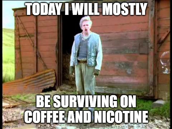 Jesse Fast Show | TODAY I WILL MOSTLY; BE SURVIVING ON COFFEE AND NICOTINE | image tagged in jesse fast show | made w/ Imgflip meme maker