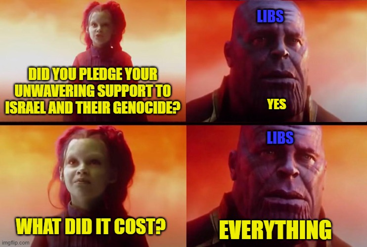 the democrats are done | LIBS; DID YOU PLEDGE YOUR UNWAVERING SUPPORT TO ISRAEL AND THEIR GENOCIDE? YES; LIBS; WHAT DID IT COST? EVERYTHING | image tagged in thanos what did it cost | made w/ Imgflip meme maker