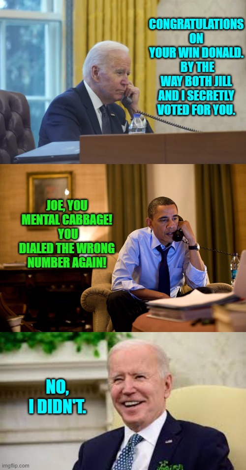 He may have dementia, but he recognizes his true enemy. | CONGRATULATIONS ON YOUR WIN DONALD.  BY THE WAY BOTH JILL AND I SECRETLY VOTED FOR YOU. JOE, YOU MENTAL CABBAGE!  YOU DIALED THE WRONG NUMBER AGAIN! NO, I DIDN'T. | image tagged in yep | made w/ Imgflip meme maker