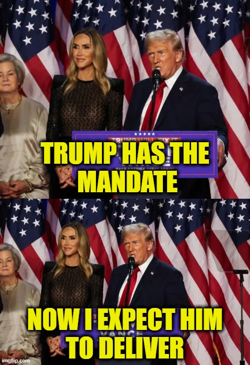 Time to put up or shut up | TRUMP HAS THE
 MANDATE; NOW I EXPECT HIM
TO DELIVER | image tagged in donald trump | made w/ Imgflip meme maker