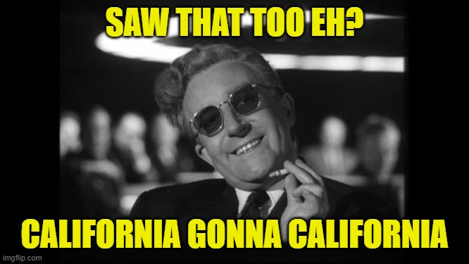 dr strangelove | SAW THAT TOO EH? CALIFORNIA GONNA CALIFORNIA | image tagged in dr strangelove | made w/ Imgflip meme maker