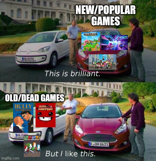 Just my opinion | NEW/POPULAR GAMES; OLD/DEAD GAMES | image tagged in this is brilliant but i like this | made w/ Imgflip meme maker