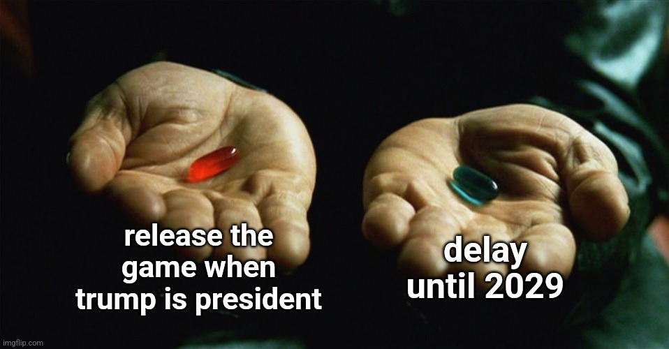 Red pill blue pill | release the game when trump is president delay until 2029 | image tagged in red pill blue pill | made w/ Imgflip meme maker