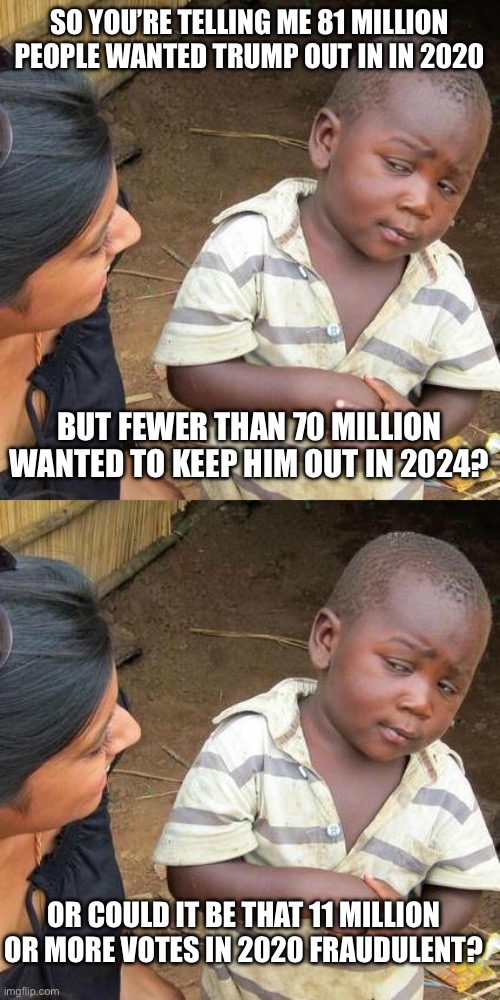 SO YOU’RE TELLING ME 81 MILLION PEOPLE WANTED TRUMP OUT IN IN 2020; BUT FEWER THAN 70 MILLION WANTED TO KEEP HIM OUT IN 2024? OR COULD IT BE THAT 11 MILLION OR MORE VOTES IN 2020 FRAUDULENT? | image tagged in memes,third world skeptical kid | made w/ Imgflip meme maker