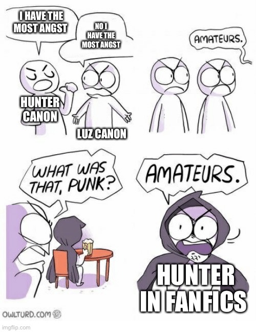 Hunter in fanfics is so sad | I HAVE THE MOST ANGST; NO I HAVE THE MOST ANGST; HUNTER CANON; LUZ CANON; HUNTER IN FANFICS | image tagged in amateurs,the owl house | made w/ Imgflip meme maker