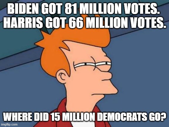 Where did 15 million votes go? | BIDEN GOT 81 MILLION VOTES. 
HARRIS GOT 66 MILLION VOTES. WHERE DID 15 MILLION DEMOCRATS GO? | image tagged in memes,futurama fry,vote,scam,fraud,votes | made w/ Imgflip meme maker