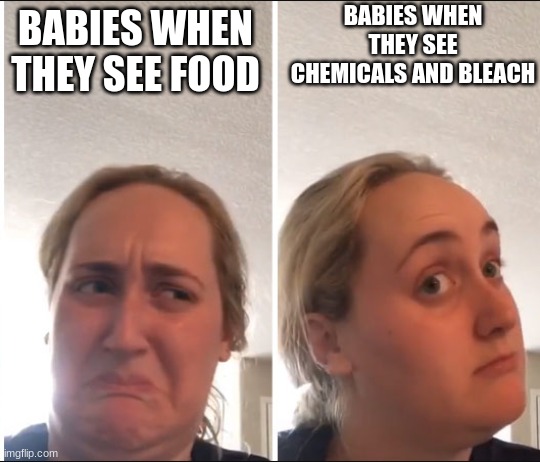 free epic Hogao | BABIES WHEN THEY SEE CHEMICALS AND BLEACH; BABIES WHEN THEY SEE FOOD | image tagged in kombucha girl | made w/ Imgflip meme maker