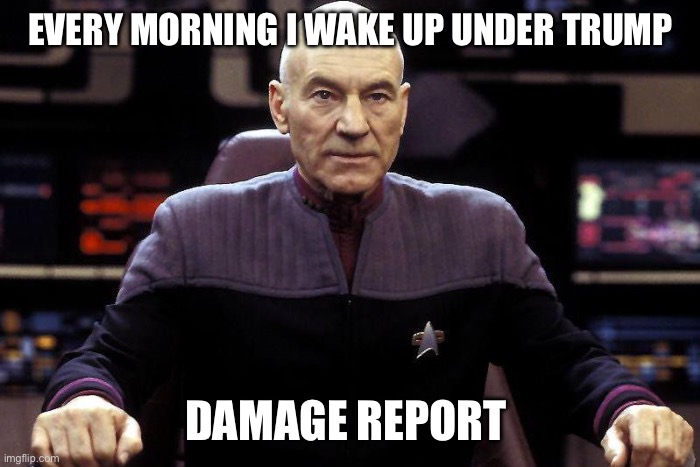 Captain Picard Damage Report | EVERY MORNING I WAKE UP UNDER TRUMP; DAMAGE REPORT | image tagged in captain picard damage report | made w/ Imgflip meme maker