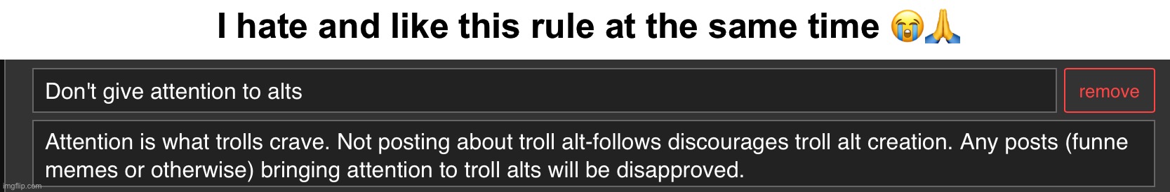 Can’t even make memes about troll alts tragic | I hate and like this rule at the same time 😭🙏 | made w/ Imgflip meme maker