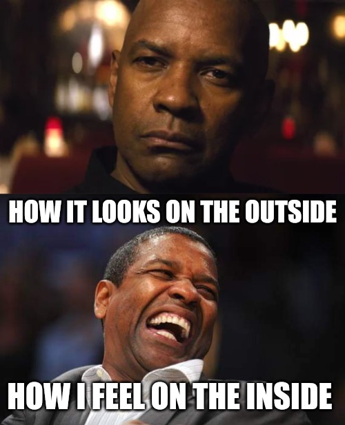 Outside vs Inside | HOW IT LOOKS ON THE OUTSIDE; HOW I FEEL ON THE INSIDE | image tagged in outside vs inside | made w/ Imgflip meme maker